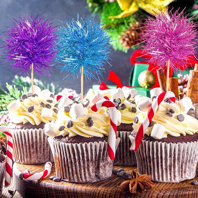 Chinco 100 Pcs Foil Firework Cupcake Toppers Sparkle Tinsel Cake Toppers Cake - Image 4