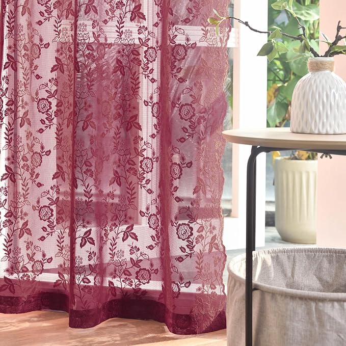FINECITY Burgundy Floral Lace Curtains by FINECITY