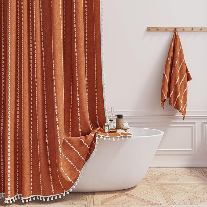 Burnt Orange Boho Farmhouse Linen Heavy Duty Shower Curtain Set, 72x72 | 330GSM by ShowerCurtain