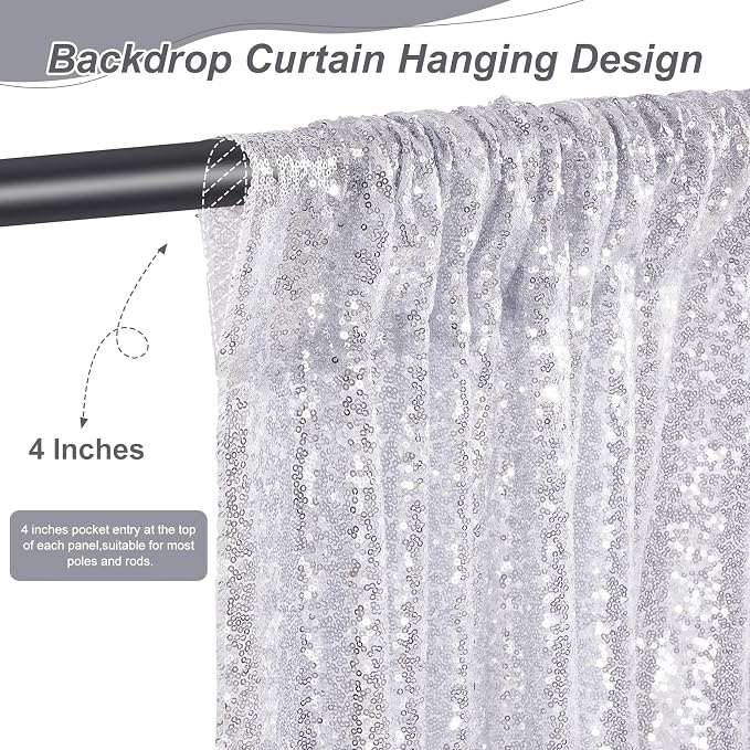 Silver Sequin Backdrop Curtains-2 Panels 4FTx8FT Silver Backdrop - Image 2