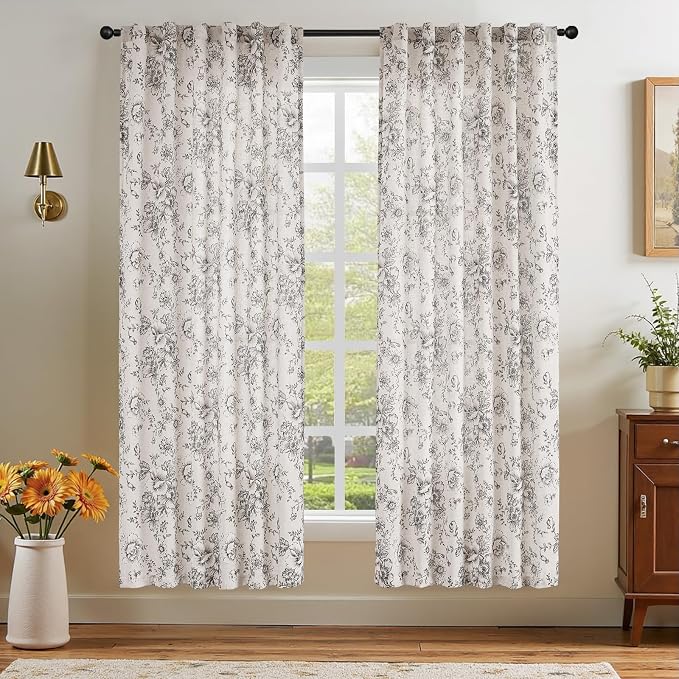 jinchan Black Floral Linen Curtains 72 Inch Farmhouse Back Tab 2 Panels | Light - Image 2
