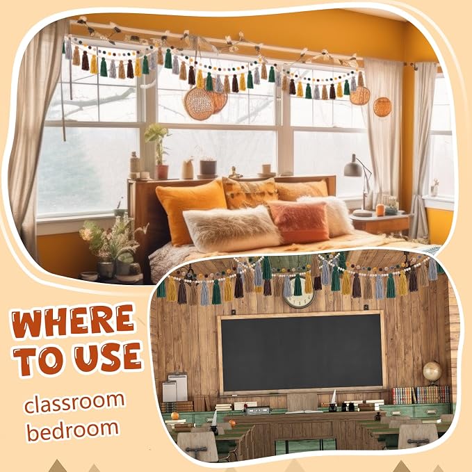 Syhood 3 Pcs 79" 2 Pom Pom Garland Wall Decor and 36" 1 Boho Tassel Garland - Image 3