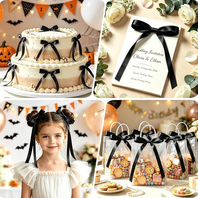 NEBURORA 50 Pcs Black Bows for Cake Decoration Party Ribbon Bowknots | Pastel - Image 5