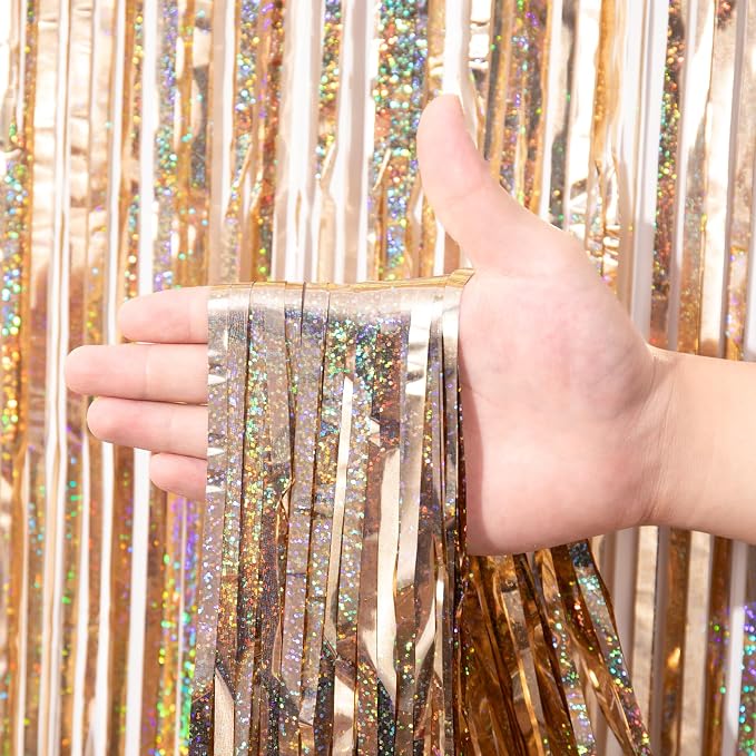 Voircoloria Laser Champagne Foil Fringe Backdrop Curtains, 2 Pack | Tinsel - Image 2