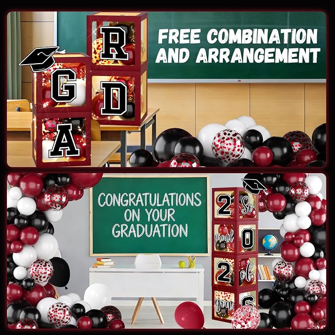 2026 Graduation Party Decorations Black and Maroon Class of 2026 Balloon Boxes - Image 5