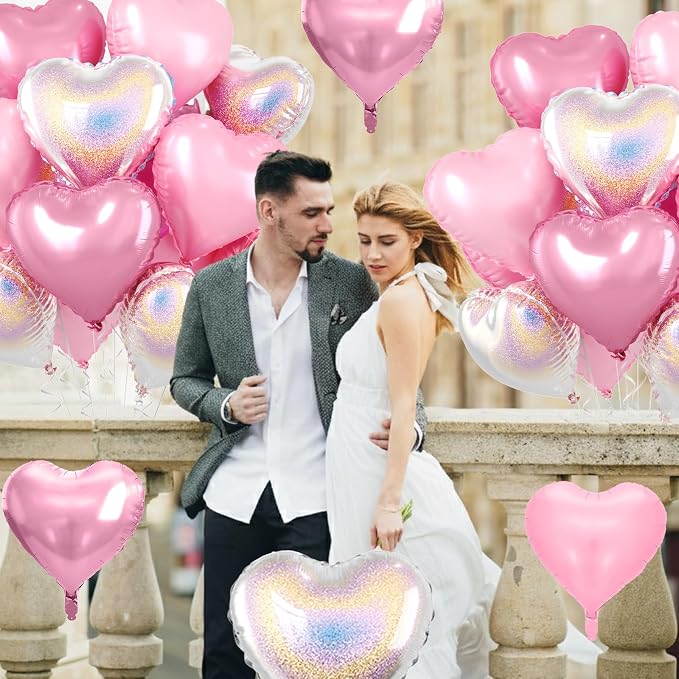 Pink and Silver Heart Balloons, 18 Inch Metallic Glitter Stars Foil Balloons - Image 4