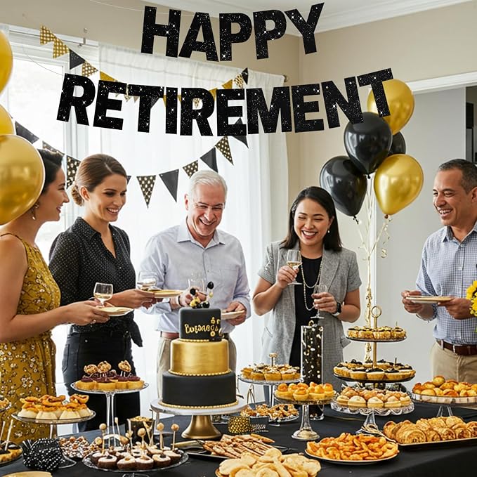 Glitter Black Happy Retirement Banner Pre-Strung Retirement Party Decorations - Image 5