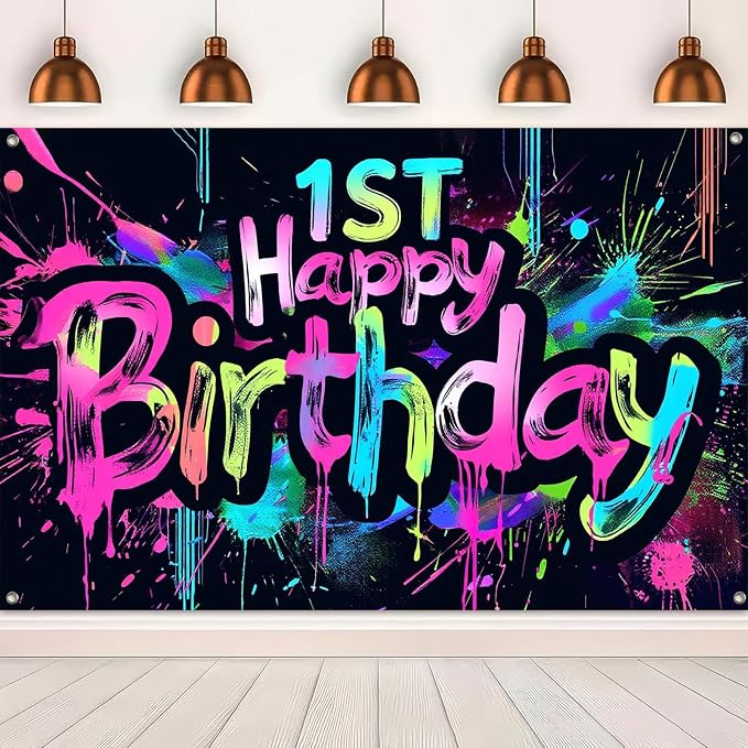 HOMETITUTE Neon 1st Happy Birthday Banner 71x43 Inch Paint Splatter Backdrop - Image 5