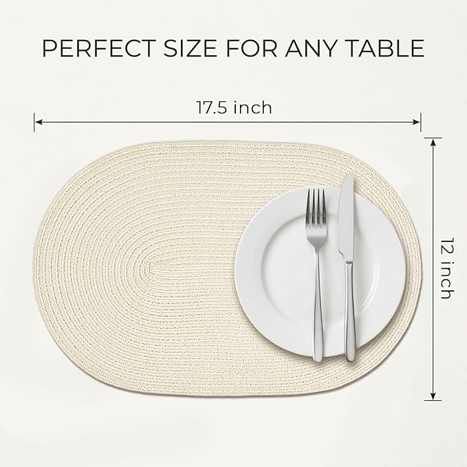 Placemats Set of 6, Woven Oval Braided Dining Table Mats | 12 x 17.5 Inch Size - Image 2