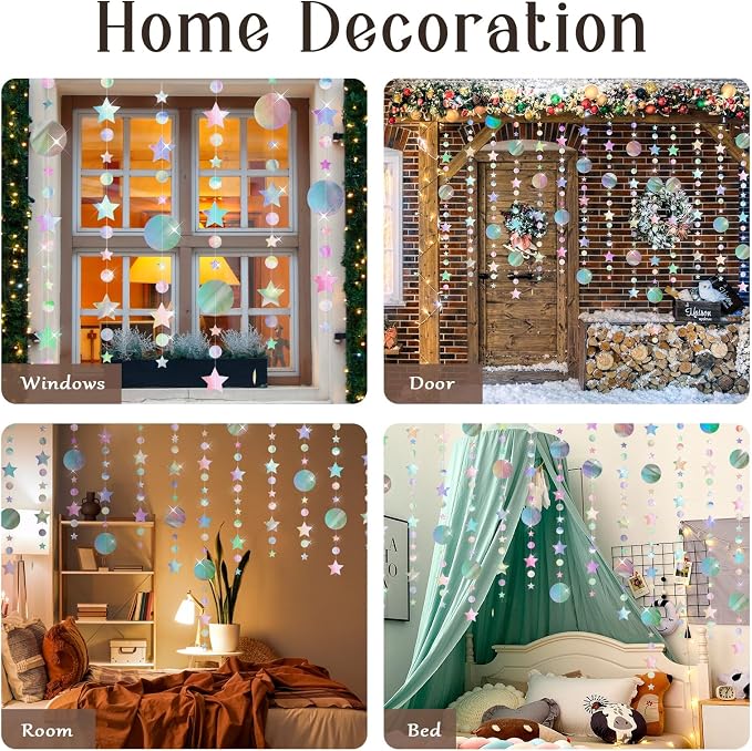 Star Circle Dot Hanging Garlands, Holographic Twinkle Stars Garlands Iridescent - Image 7
