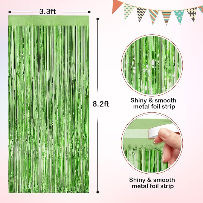 Light Green Metallic Tinsel Foil Fringe Curtains, 2 Pack 3.3x8.3 Feet Party - Image 2