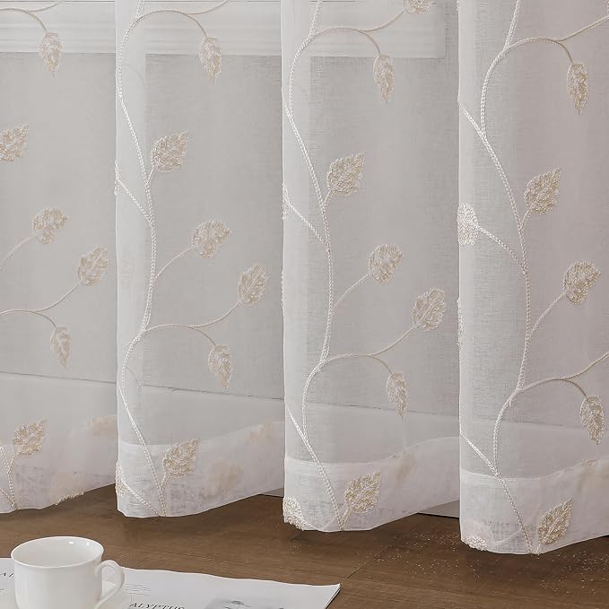 Beige Sheer Curtains Decorative Embroidered Leaf 54 Inches Long | Light - Image 4