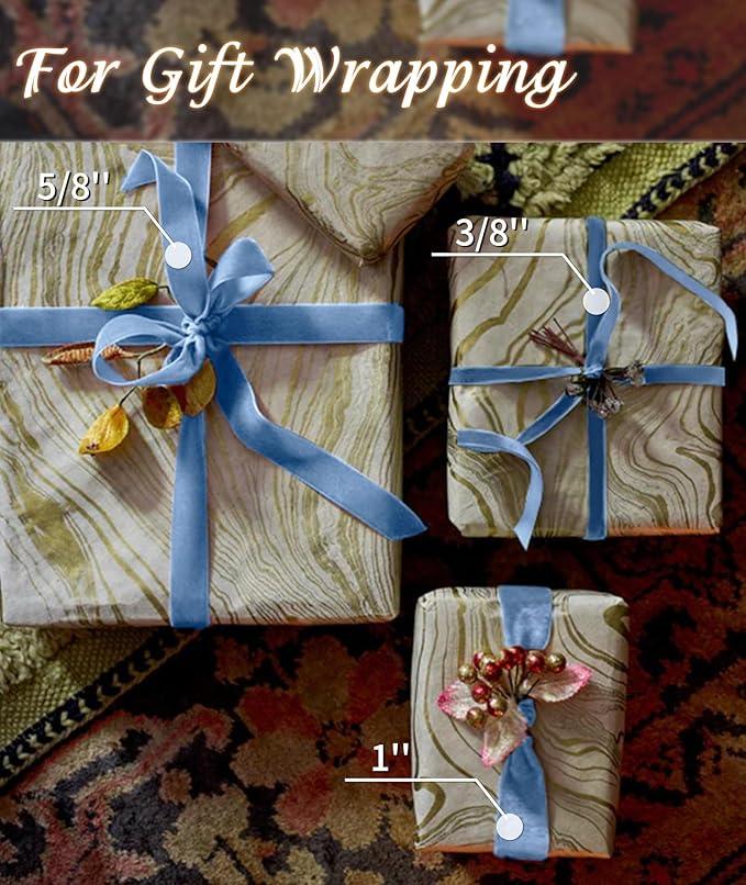 Blue Velvet Ribbon 3/8'' 25 Yards for Christmas Tree, Gift Wrapping, Flower Bouquet, Wreath Decorations, Bow Making