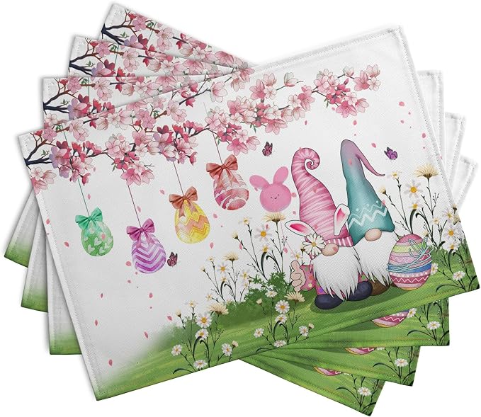 Easter Gnomes Bunny Placemats Set of 4 Easter Eggs Flowers Place Mat 12x18 Inch - Image 2