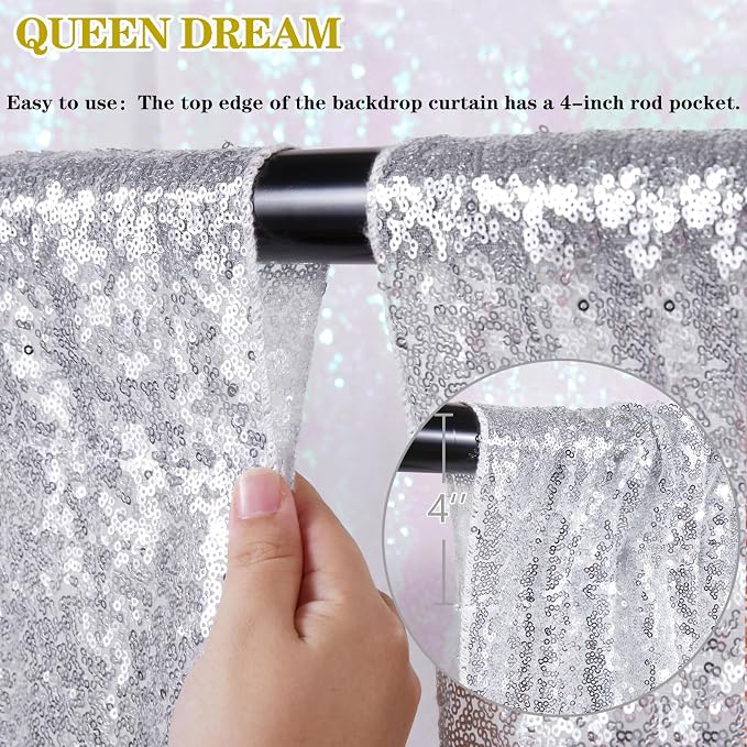 Silver Sequin Backdrop Curtains Drapes 6 Pieces 2ftx8ft Sparkly Christmas | - Image 4