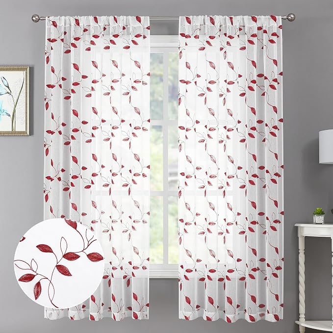 Tollpiz Burgundy Red Leaf Sheer Curtain Living Room Short 54 x 54 Inches | by Tollpiz