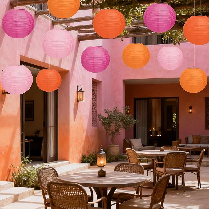 Qenk 12 Pcs Pink and Orange Paper Lanterns - Image 5