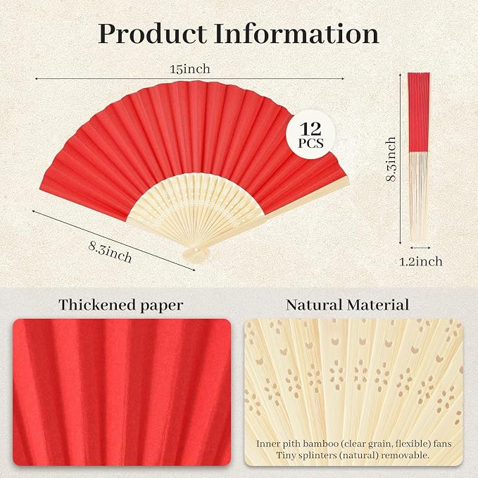 JOHOUSE 12 PCS Red Paper Folding Hand Fans, 8.3 Inch Foldable Handheld | Fans - Image 7