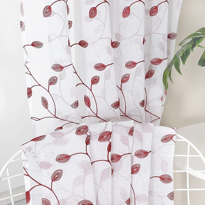 Tollpiz Leaves Short Sheer Tier Curtains Burgundy Red Leaf Embroidery Kitchen - Image 6