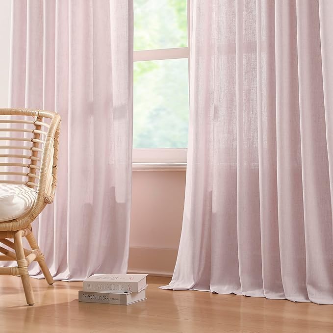Vision Home Soft Pink Pinch Pleated Semi Sheer Curtains Textured Linen Blended Light Filtering Window Curtains 95 inch for Living Room Bedroom Patio Pinch Pleat Drapes with Hooks 1 Panel 60" Wx95 L