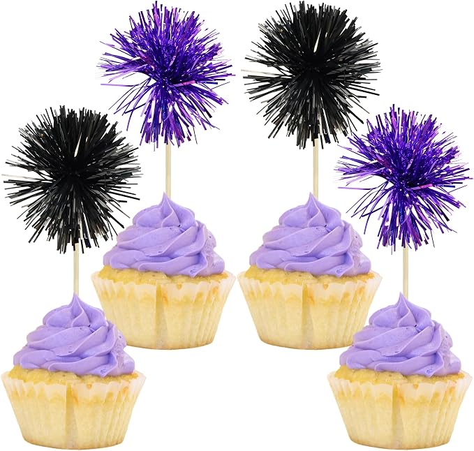 Gyufise 30Pcs Foil Firework Cupcake Toppers Sparkle Tinsel Cake Toppers Tinsel by Gyufise