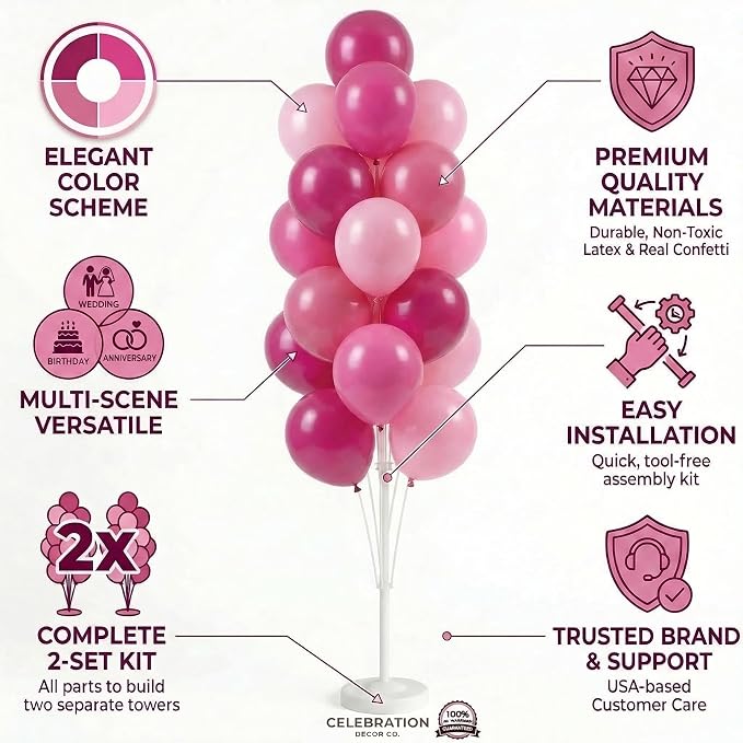 HIINS 2 Set Pink Balloon Tower Stand, 5FT - Image 3