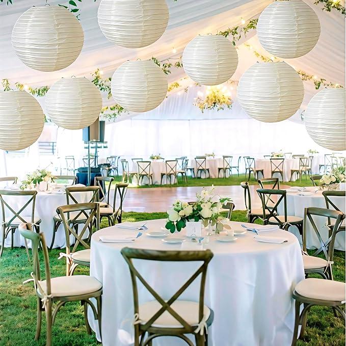 Cream Paper Lanterns 9Pcs Hanging Round Paper Lanterns Lamp - Image 4