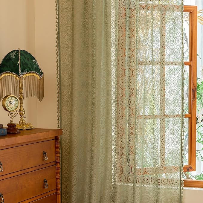 YJ YANJUN Boho Lace Curtains, Sage Green Sheer Window Panels | Geometric - Image 4