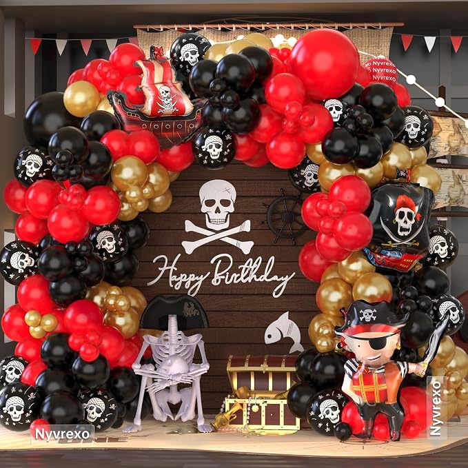 142Pcs Pirate Birthday Party Decorations Balloon Garland Arch Kit | Red Black - Image 4