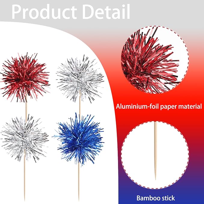 30 PCS Foil Firework Cupcake Toppers Sparkle Tinsel Cupcakae Picks 4th of July - Image 3
