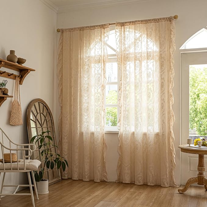 Deeprove Beige Lace Curtains 63 inches Length 2 Panels Set Sheer Boho Florals - Image 8