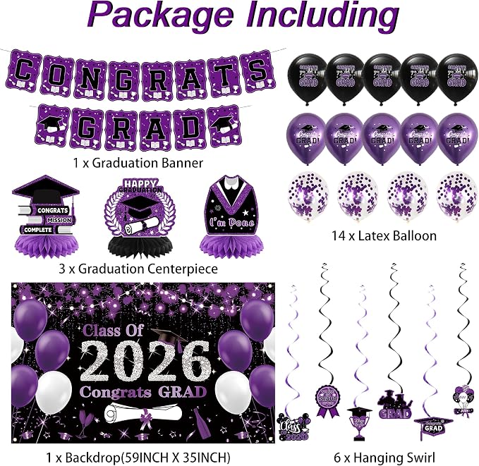 DARUNAXY Black Purple Graduation Party Decorations, 2026 Congrats Grad - Image 2
