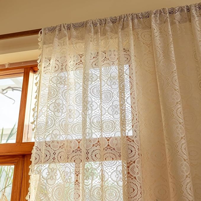 YJ YANJUN Boho Lace Curtains 45 inch Length 2 Panels -Vintage Floral Crochet - Image 4
