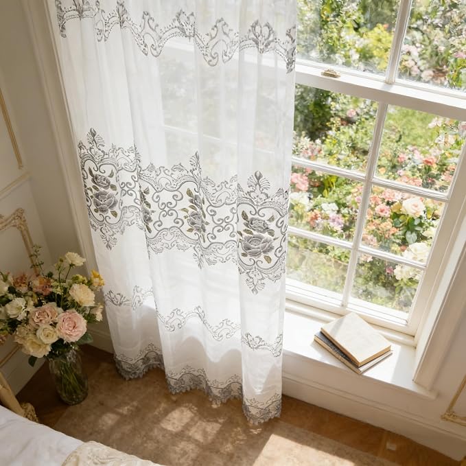 1 Panel Transparent Floral Embroidered Sheer Curtain - Image 5