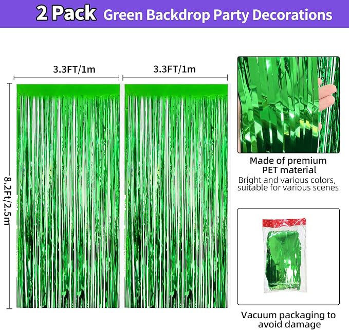 JINSUI Green Tinsel Backdrop 3.3x8.2ft, 2 Pack Foil Fringe Curtains Decor | - Image 3