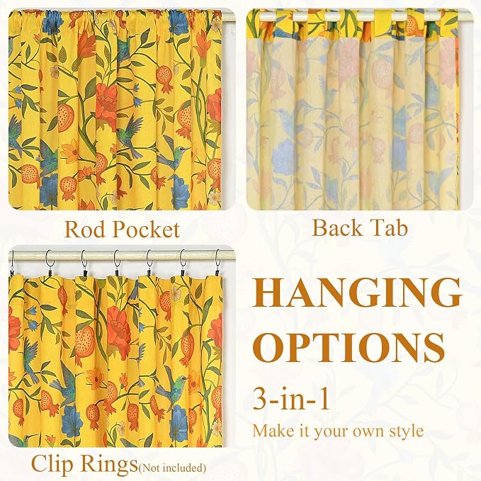 Mustard Yellow Floral Linen Curtains, Boho Whimsical Bird Print Curtains - Image 7