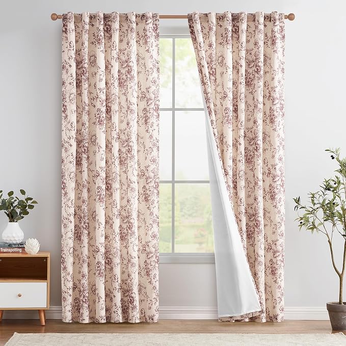 jinchan Red Floral Linen Curtains Lined 90 Inch Farmhouse Back Tab 2 Panels | by JINCHAN