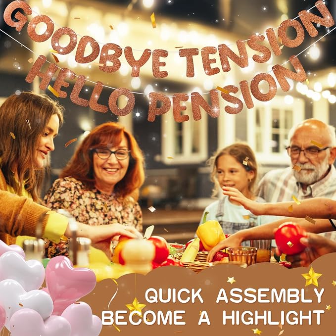 Retirement Banner Pre-Strung GOODBYE TENSION HELLO PENSION Banner Glitter - Image 7