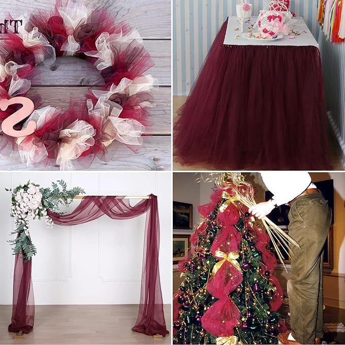 Burgundy Tulle Fabric Rolls 6 Inch by 200 Yards (600 feet) Fabric Spool Tulle Ribbon for DIY Burgundy Tutu Bow Baby Shower Birthday Party Wedding Decorations Craft Supplies