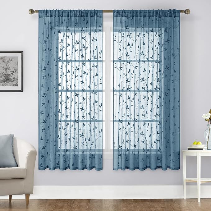HOMEIDEAS Cyan Blue Sheer Curtains 2 Panels, Embroidered Vine Leaf, W52xL63 | by HOMEIDEAS