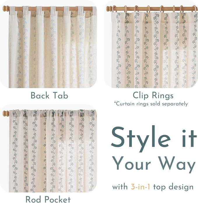Cathy Blue Linen Floral Curtains 84 inches Long Semi Sheer Drapes 2 Panels - Image 8
