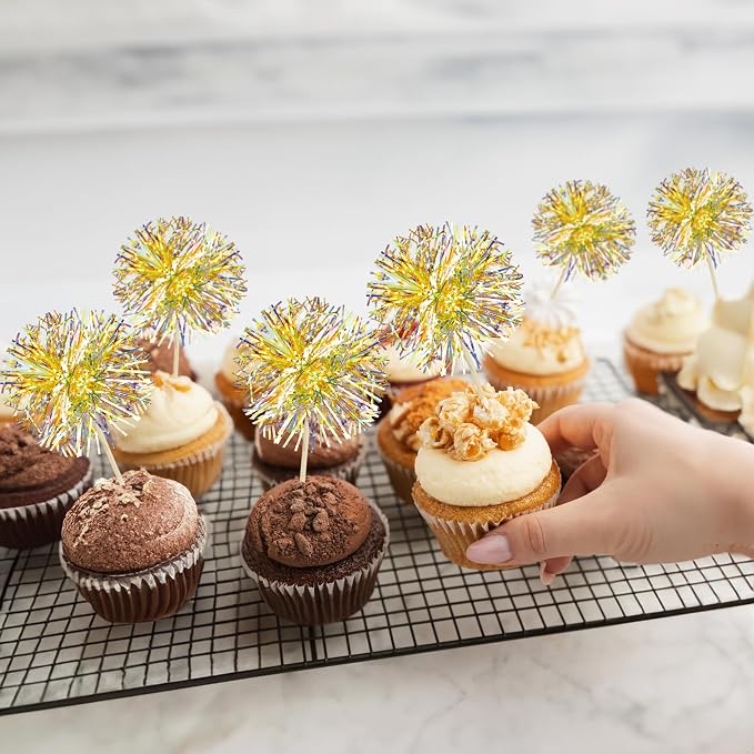 Gyufise 30Pcs Foil Firework Cupcake Toppers Sparkle Tinsel Cake Toppers Tinsel - Image 7