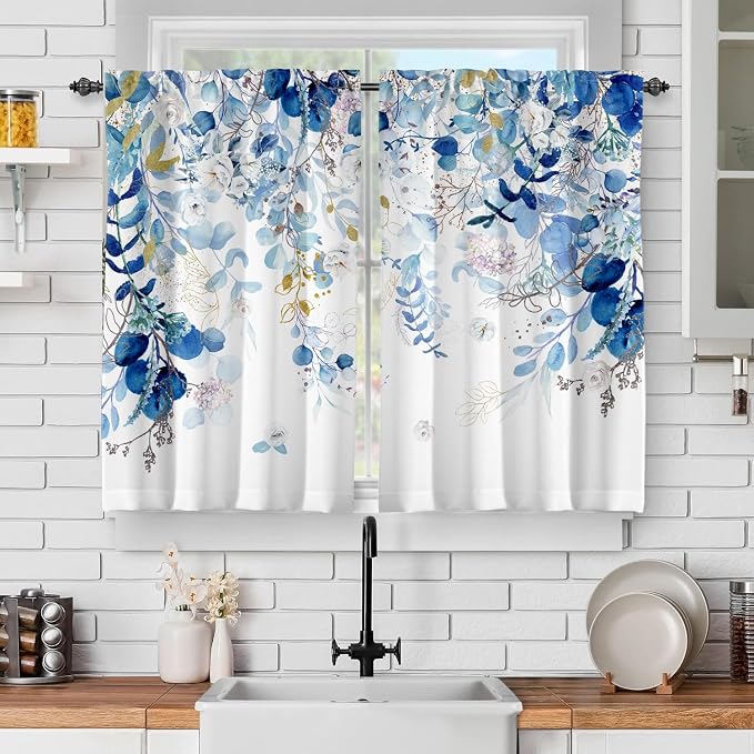 Blue Eucalyptus Leaves Kitchen Curtains Watercolor Plant Floral Curtains 39 - Image 3