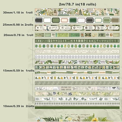 18 Rolls Botanical washi Tape Set for Crafts and Journaling DIY Scrapbooking Supplies Flower washi Tape for Scrapbooking Decorating Tape