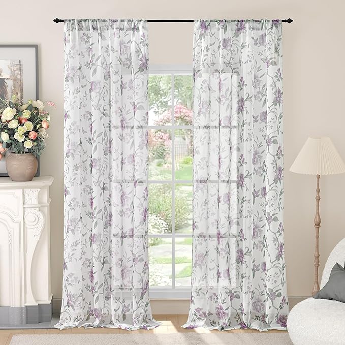 Floral Sheer Curtains 84 Inch Length 2 Panels, Vintage Farmhouse Light by Lajode