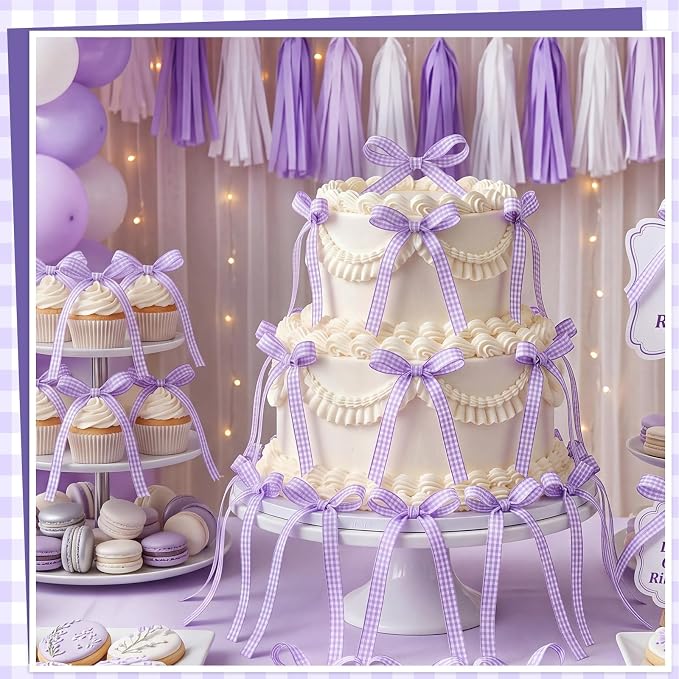 30 Pack Bow Cake Toppers Purple Gingham Ribbon Bows - Image 5
