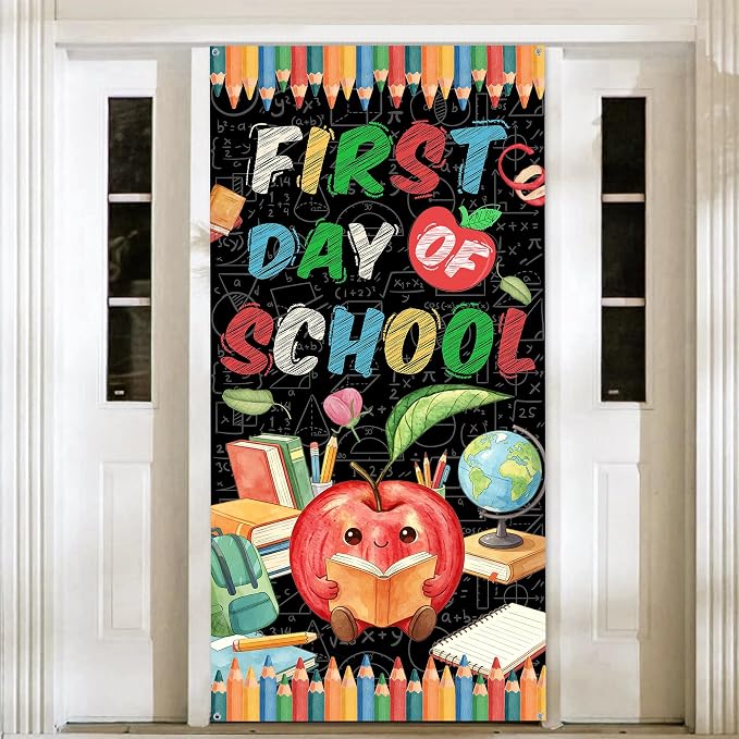 First Day of School Banner, 6.1 x 3 ft Happy Back to School Apple Door Cover by VeyoCraft