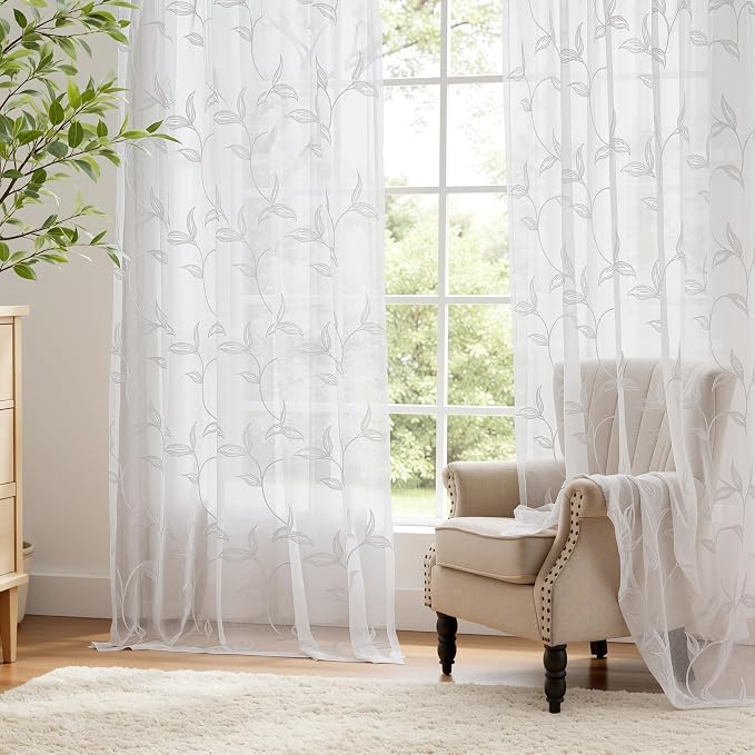 White Sheer Curtains Boho Leaf Floral Embroidered 54Wx120L | Light Filtering - Image 6
