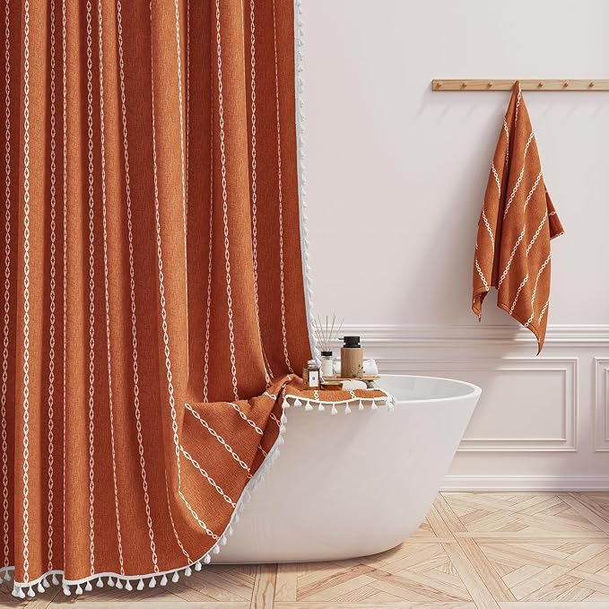 48 x 72 Boho Linen Heavy Duty Cloth Shower Curtain Set, Burnt Orange | Stall by ShowerCurtain