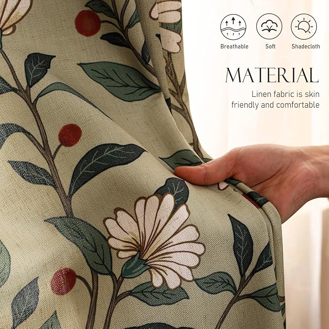 Designer French Green Linen Printed Curtain, 2 Panels, Floral Pattern Home - Image 3